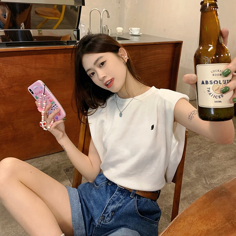 Áo dệt kim sát nách cổ tròn kẻ sọc ngang phong cách Hàn Quốc
