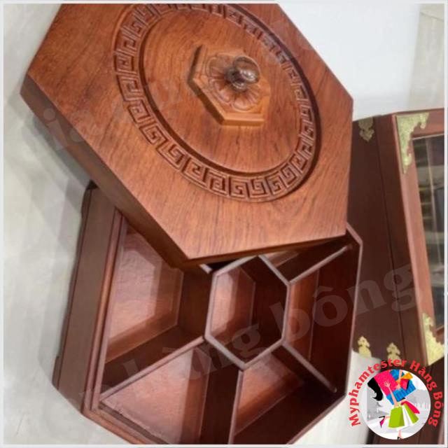 Khay gỗ đựng mứt Lục Giác ♥ FREE SHIP ♥ khay mứt 7 ngăn đựng bánh kẹo có chân hoa văn chạm khắc quanh nắp [ RẺ VÔ ĐỊCH ]