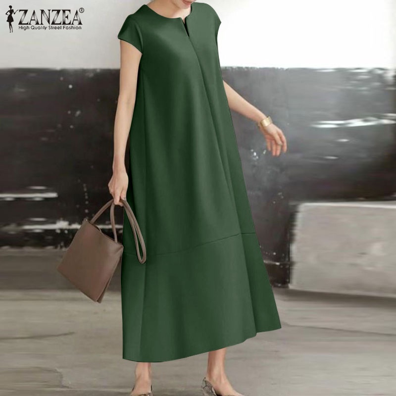 Đầm dài ZANZEA tay ngắn cổ chữ V dáng rộng thời trang cho nữ