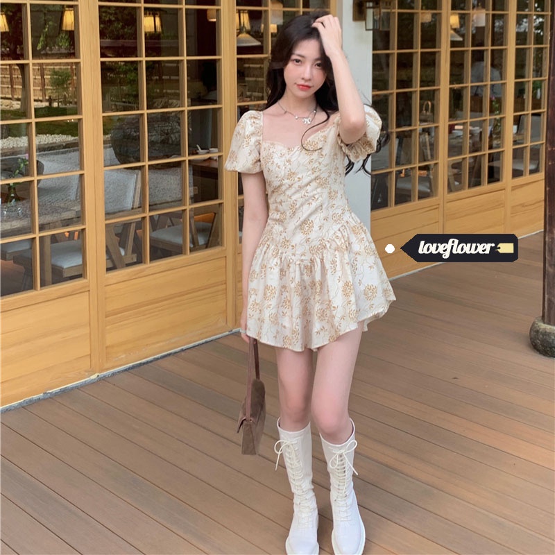 Đầm Tay Phồng Ôm Eo In Họa Tiết Hoa Xinh Xắn Cho Phụ Nữ