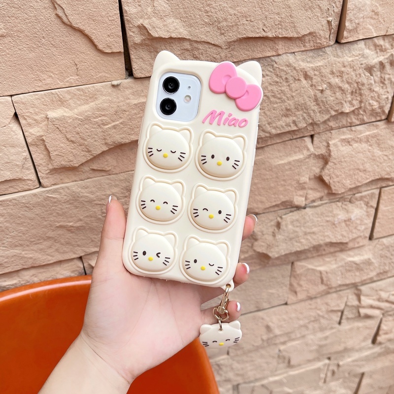 Relieve Stress Pop Fidget Toys Phone Case for iphone 11 12 Pro MAX X XS XR 6 S 7 8 Plus SE 2020 Bow Cat Push Bubble Soft Silicone Cover With Cartoon Cat Pendant