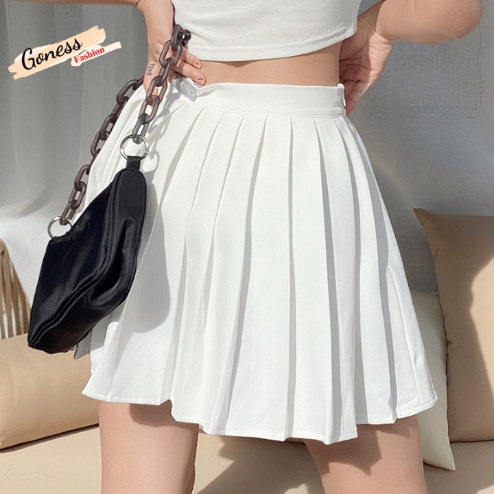 Chân váy xếp ly Goness phong cách âu mỹ tennis trắng đen trơn li ngắn nữ họa tiết thêu 2021