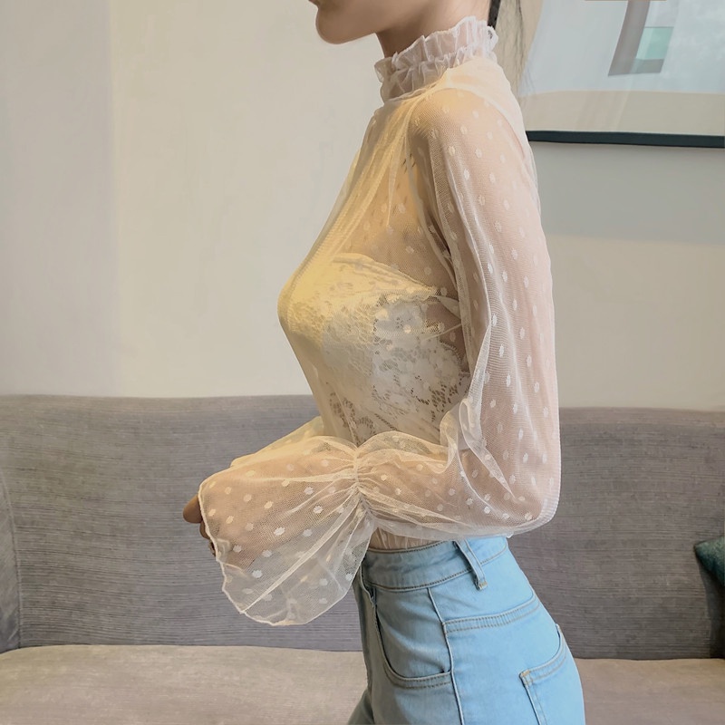 Áo lưới ren mỏng tay dài cổ cao thời trang cho nữ MS58