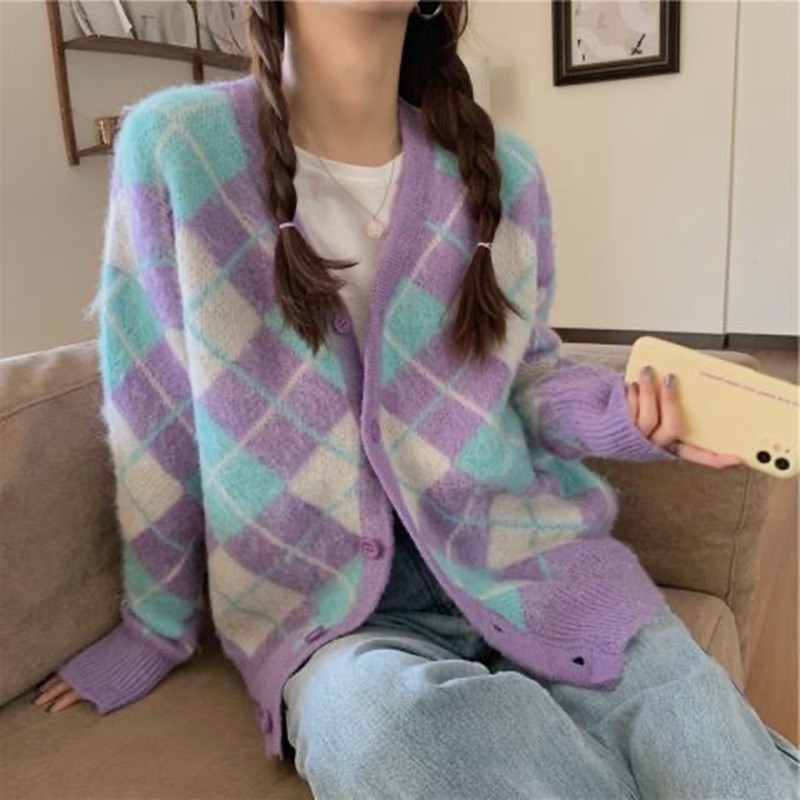 Áo Khoác Len Cardigan Dáng Rộng Kẻ Sọc Ca Rô Dễ Thương | BigBuy360 - bigbuy360.vn