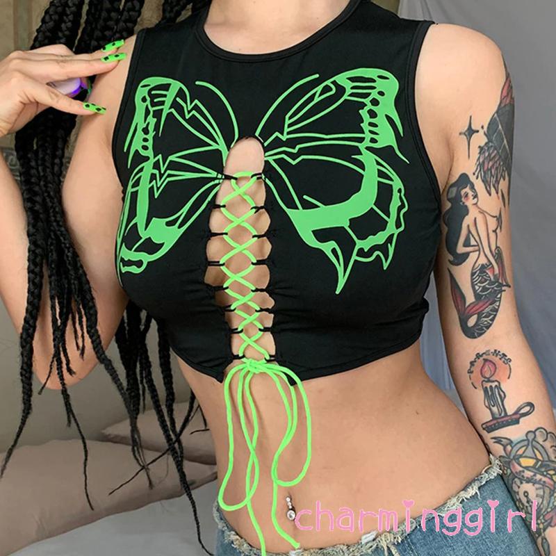 Áo Croptop Sát Nách Cổ Tròn Cột Dây Chéo In Họa Tiết Bướm Thời Trang Quyến Rũ Cho Nữ