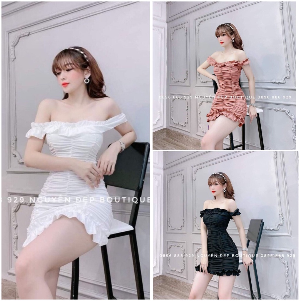 Đầm body trễ vai nhún thân kèm mút