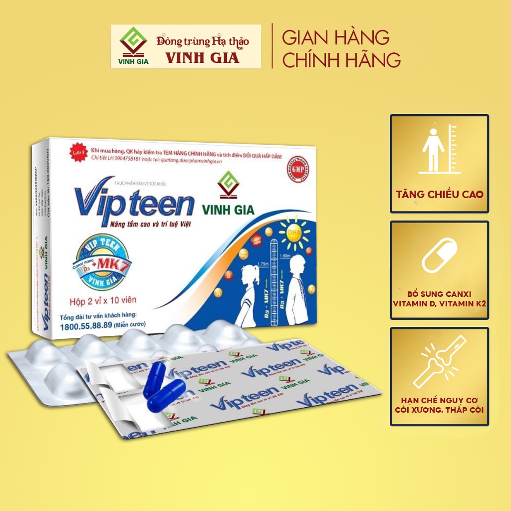 Viên Uống Hỗ Trợ Phát Triển Chiều Cao VIPTEEN Bổ Sung Canxi Giúp Xương Chắc Khỏe Cho Trẻ 9 -18 Tuổi (20 Viên)