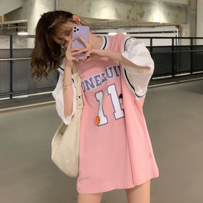 2022 Fake two-piece basketball uniform T-shirt women's  new Korean version loose mid-length jersey short-sleeved ins