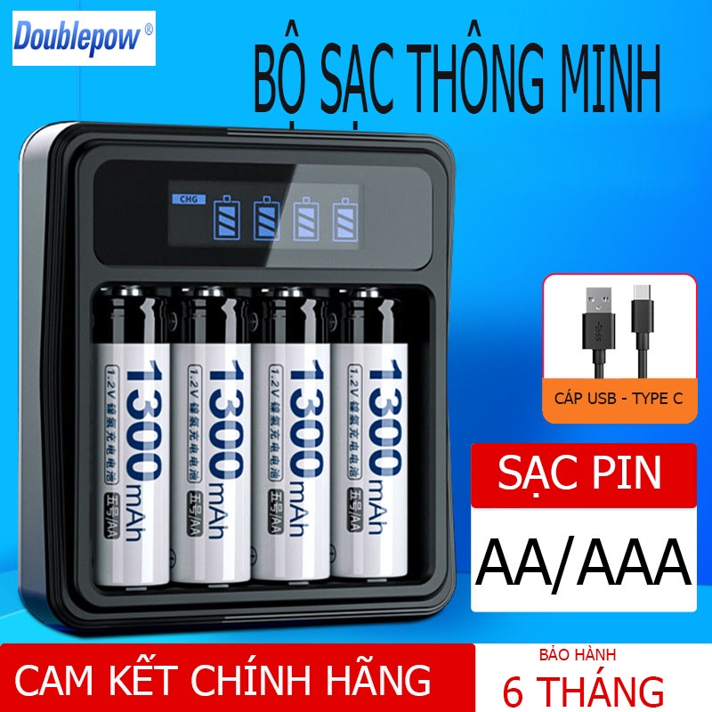 Bộ sạc pin tiểu AA, AAA thông minh tự ngắt có màn hình LCD báo dung lượng chính hãng Doublepow