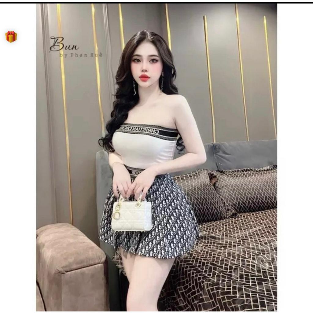 Set nữ áo ống croptop mix chân váy xòe dáng ngắn kèm đai in chữ chất thun bozip xinh hot
