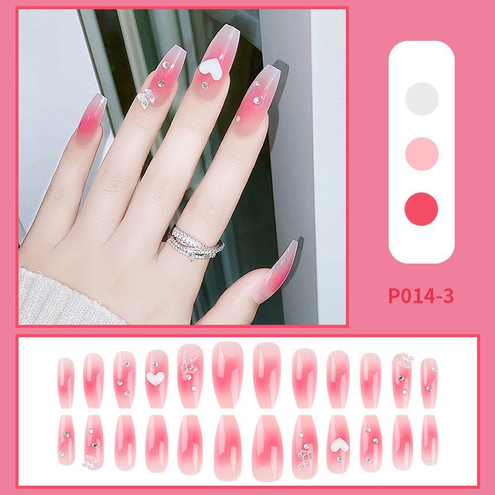 Set 24 Móng Tay Giả Màu Hồng Hình Nơ Trái Tim