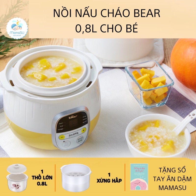 [TẶNG BẢNG ĐK TIẾNG VIỆT] Nồi nấu cháo chậm Bear 0,8L cho bé ăn dặm - Ninh hầm hấp cách thuỷ chưng yến đa năng SUBE001