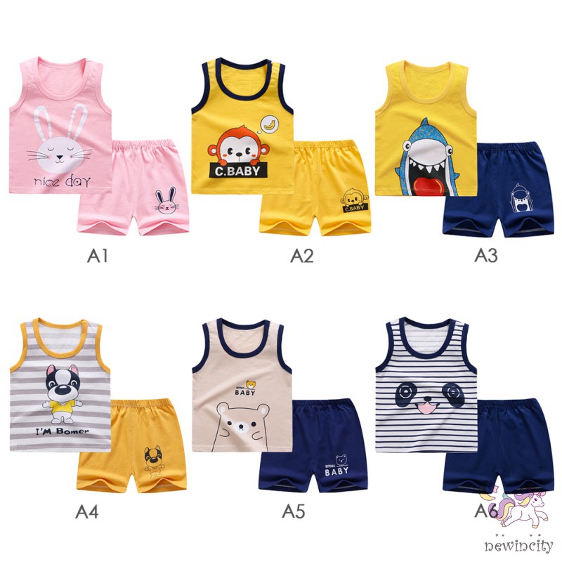 Bộ áo thun 3 lỗ + quần short họa tiết hoạt hình phong cách hè cho bé