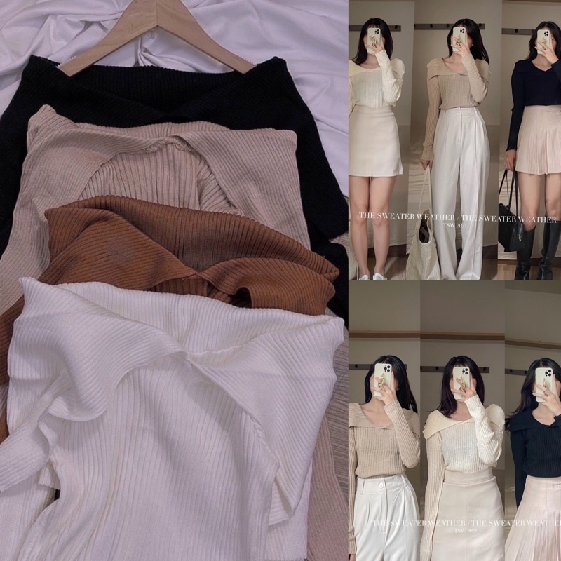[Ảnh thật/Video] Áo len tăm kiểu mơi thiết kế cổ bẻ ulzzang Áo len tăm trễ vai Quảng Châu | BigBuy360 - bigbuy360.vn