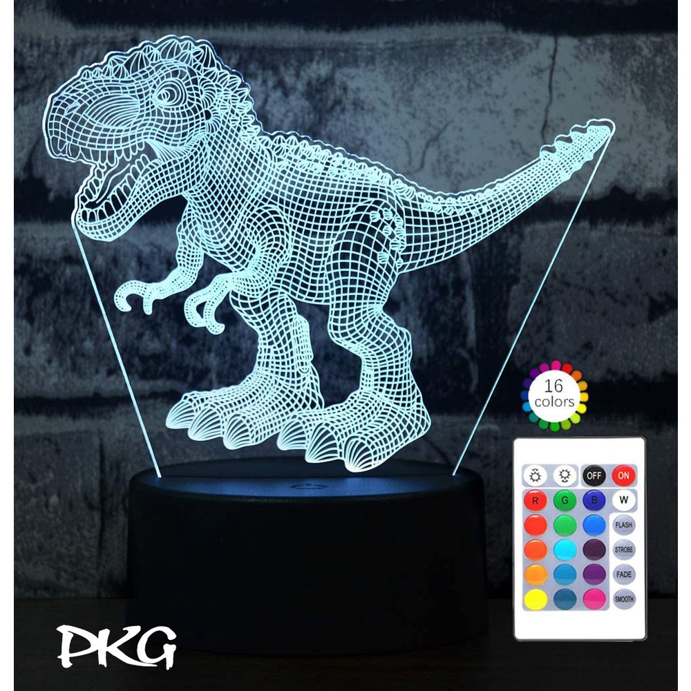 Đèn Ngủ Led 3D Hình KHỦNG LONG BẠO CHÚA T-REX Quà Tặng Trang Trí cảm ứng có Điều khiển từ xa nháy sáng 16 màu