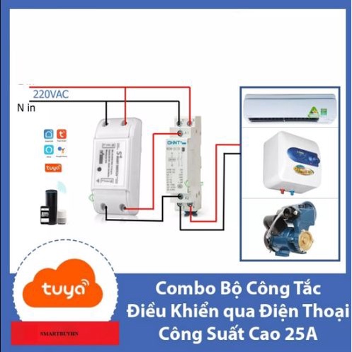 Bộ công tắc wifi công suất lớn 25A  gồm 1 công tắc TuyA và 1 khởi động từ CHINT 25A, công tăc đieu khiển từ xa