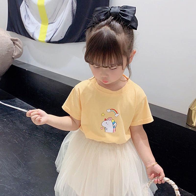 Áo thun tay ngắn chất liệu cotton in họa tiết hoạt hình phong cách Hàn Quốc dành cho bé gái