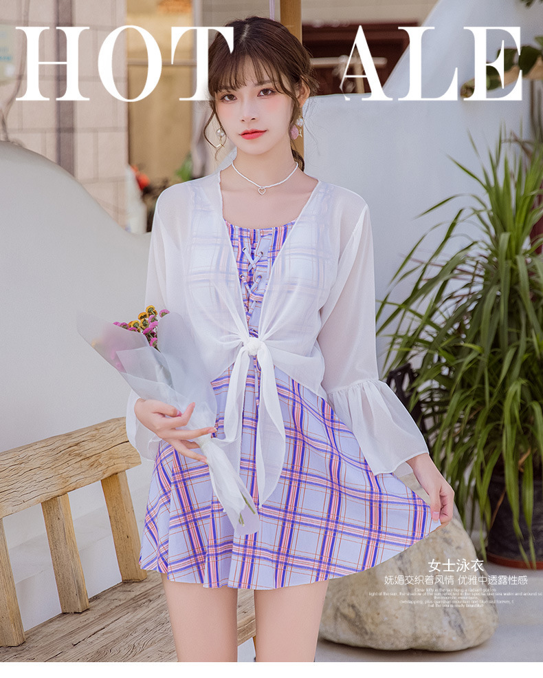 Fashion plaid blouse sunscreen small fresh girl swimsuit split skirt hot spring swimsuit casual beach swimwear | BigBuy360 - bigbuy360.vn
