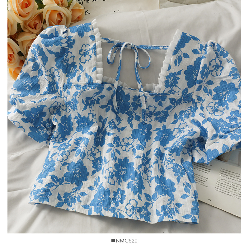 Áo Kiểu Tay Ngắn Cổ Vuông Hoạ Tiết Hoa Thiết Kế Thanh Lịch | BigBuy360 - bigbuy360.vn