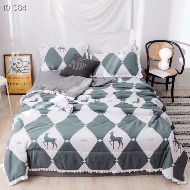 Bộ Ga Gối Con Nai Hình Thoi Chăn Trần Bông Chăn Ga Gối 4 Món chất Liệu Đũi Nhập Khẩu