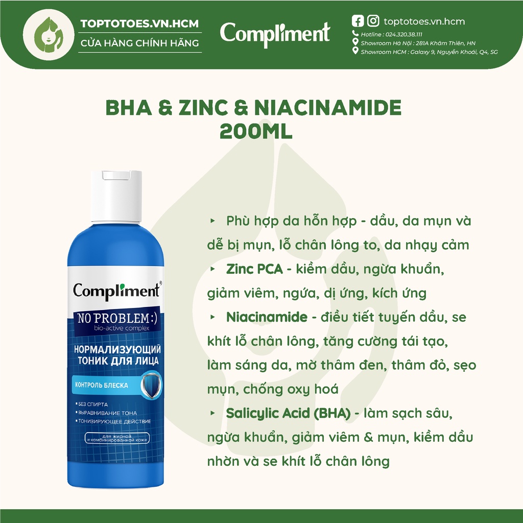 Toner BHA Compliment No Problem làm sạch sâu, kiềm dầu, giảm mụn, mờ thâm 200ml