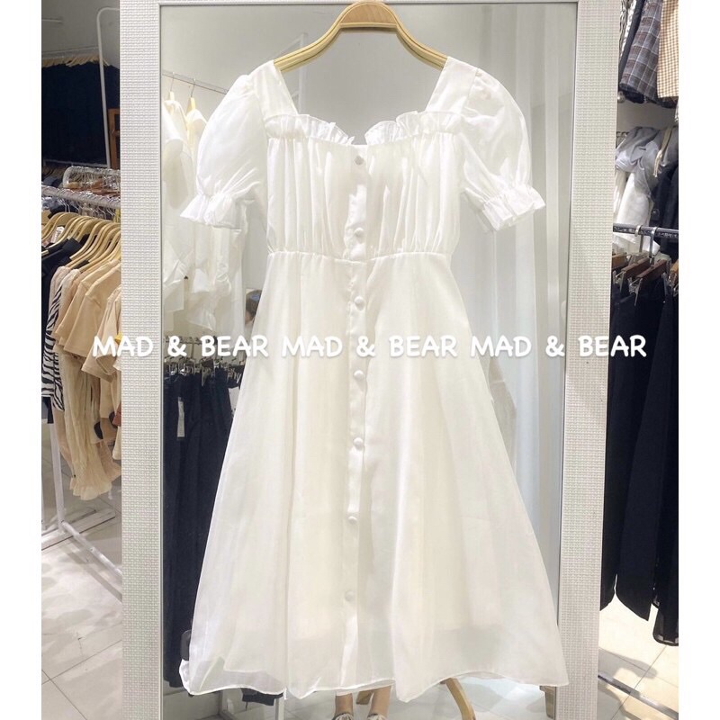 Váy trắng tiểu thư dáng xoè cổ vuông cúc bọc - Đầm trắng dáng xoè 2 lớp Pea Store