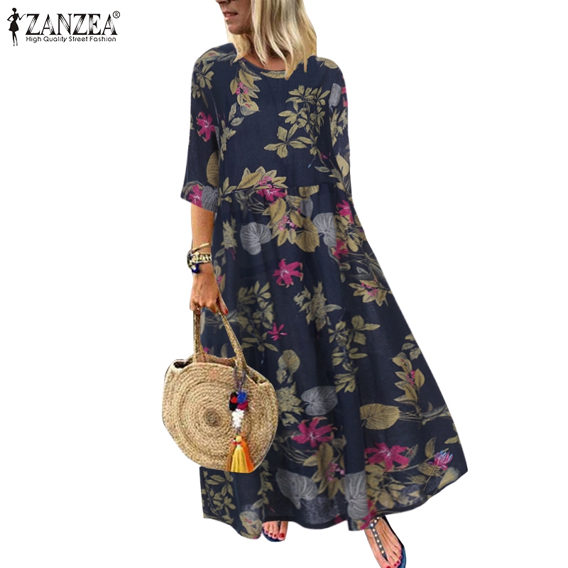 Đầm Maxi Zanzea Tay Lỡ Dáng Rộng In Hoa Phong Cách Cổ Điển Dành Cho Phụ Nữ