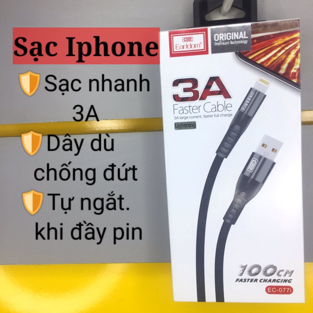 Dây cáp sạc Iphone⚜️Cổng Lightning⚜️Bọc Dù Hỗ Trợ Sạc Nhanh 3A/ Hàng chính hãng của Earldom Ec-077 Bảo hành 12 tháng