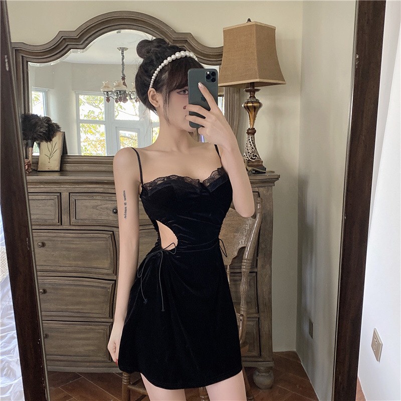 Đầm nhung phối ren hoa khoét eo, đầm 2 dây nhung cao cấp D119