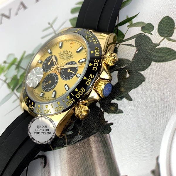 Đồng hồ nam Rolex cơ Automatic máy nhật mẫu 3 nút vàng chanh dây cao su số DẠ QUANG size 41-42mm