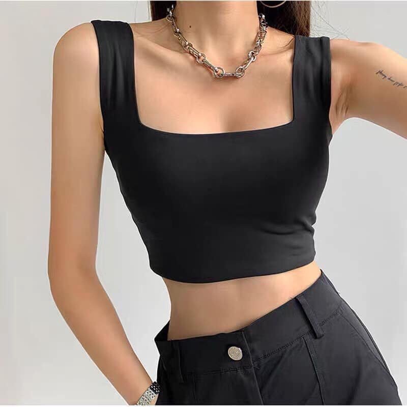 Áo croptop cổ vuông đen trắng - Áo croptop khoét nách 2 màu đen trắng freesize phom ôm chất thun co giãn
