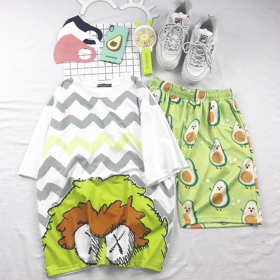 [Kèm video + hình thật] Set áo Kaws + quần short cartoon bơ unisex