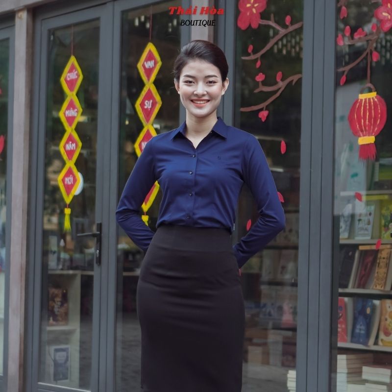 Áo sơ mi nữ cao cấp công sở kiểu dài tay vải sợi tre màu xanh than Thái Hoà 8919-09-01