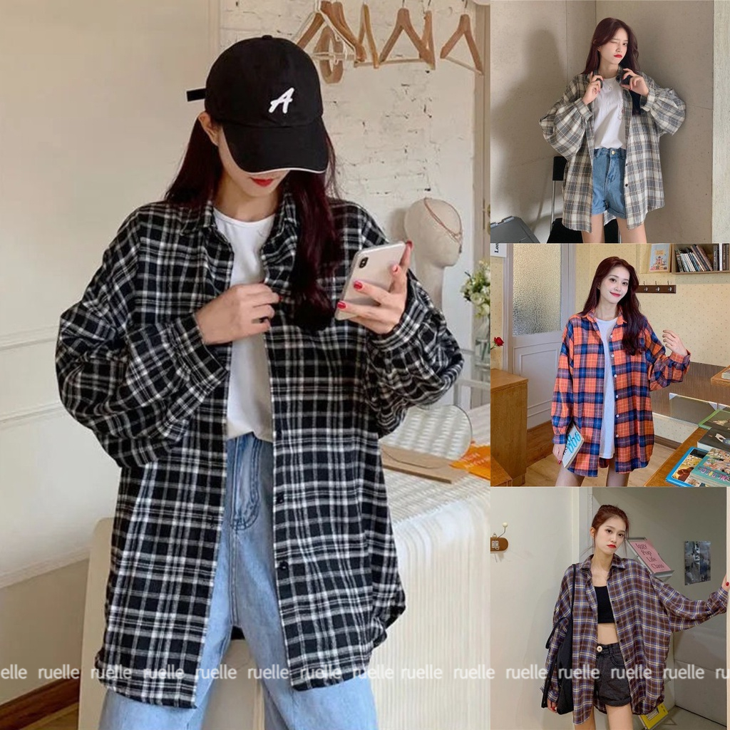 Áo sơ mi tay dài họa tiết kẻ sọc ca rô thời trang Hàn Quốc cho nữ