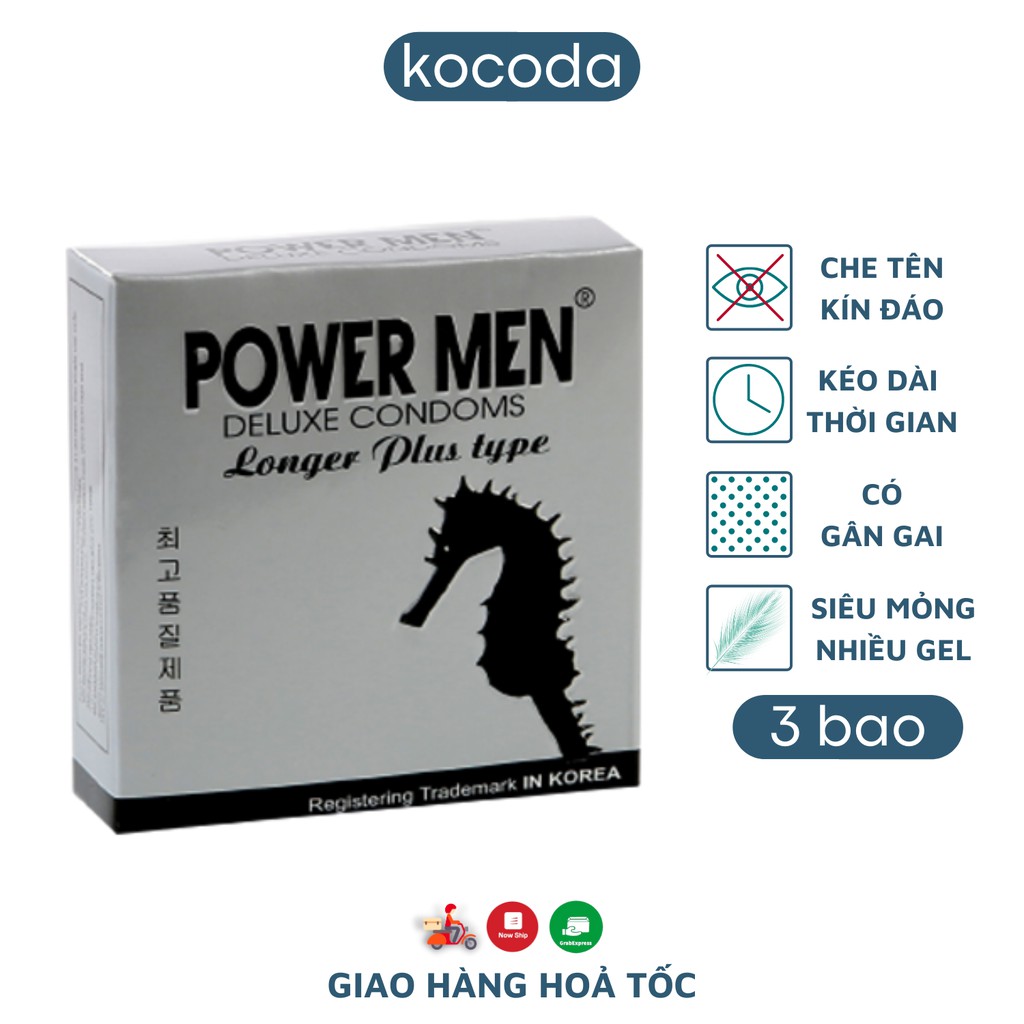 Bao cao su Power Men Có Gân Gai Siêu Mỏng Kéo Dài Thời Gian Cá ngựa xám Hộp 3 - KOCODA