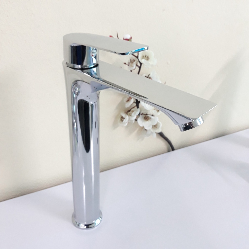 Vòi Bồn Rửa Mặt, Lavabo Nóng Lạnh Inox 304 Thân Trụ Cần Gạt Bằng 30cm Mạ Màu Bạc Với Lõi Đồng Cao Cấp