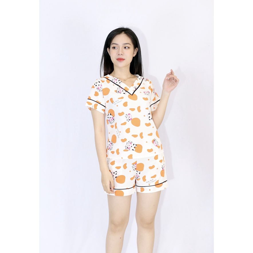 Bộ đồ bộ đùi tay ngắn cổ tim kẹp gân HÌNH CON BÒ SỮA TRẮNG CAM  CỰC XINH  vải lụa  - Thoải mái - Nhẹ nhàng