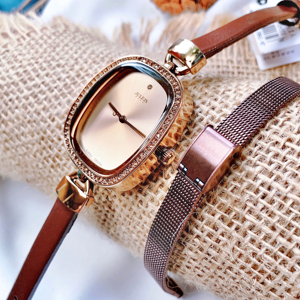 Julius Official | Combo đồng hồ nữ Julius JA-298 và dây thép nâu
