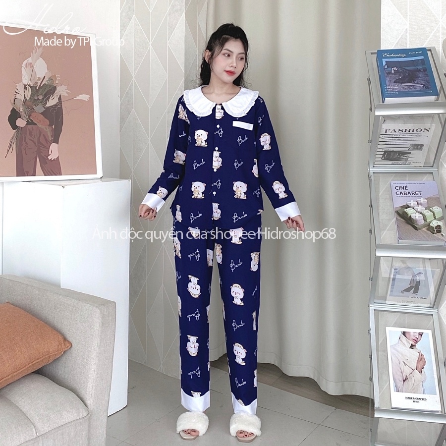Bộ Pijama Dài Tay Quần Dài Phối Cổ Họa Tiết Dễ Thương Siêu Xinh