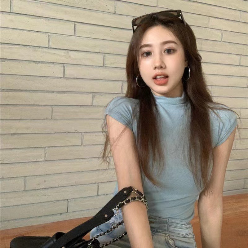 SUXI Áo Thun Tay Ngắn Cổ Lọ Màu Sắc Trơn Dáng Ôm Thời Trang Mùa Hè Dành Cho Nữ