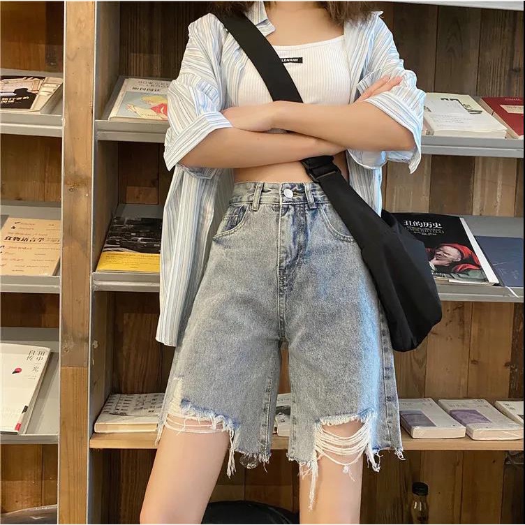 Quần Short Jean Rách Lưng Cao Thời Trang Dành Cho Nữ