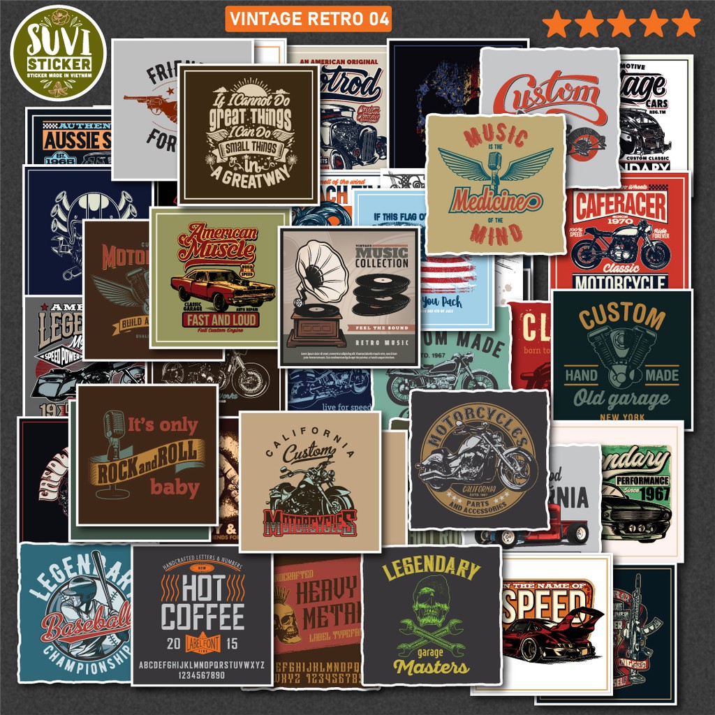 50 Sticker Vintage Retro 4 chống nước sticker dán laptop, điện thoại, đàn guitar, mũ bảo hiểm, vali. MSP:VR04