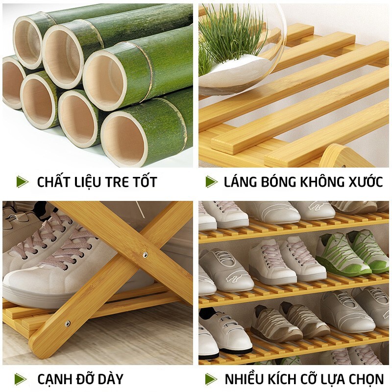 Kệ để giày dép nhiều tầng gỗ tre, gấp xếp gọn nhẹ, không cần lắp ráp để 6 -24 đôi giày người lớn cho gia đình