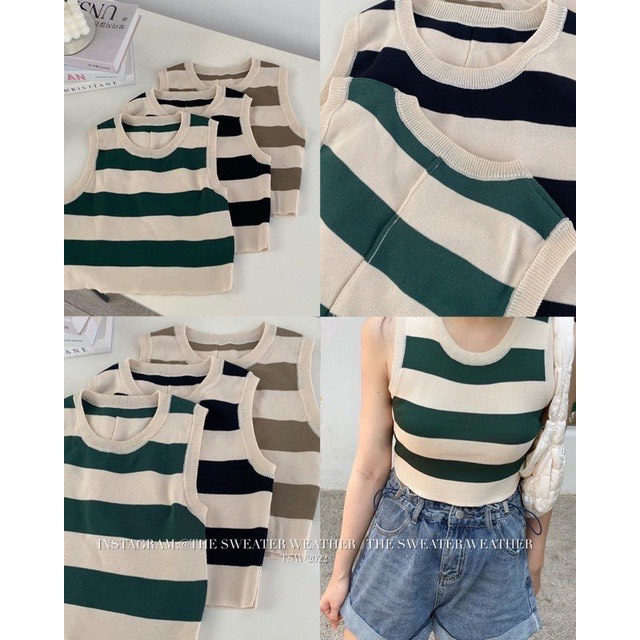 Áo len tăm dẻ sọc croptop ôm dáng sát nách lên form siêu "cute"