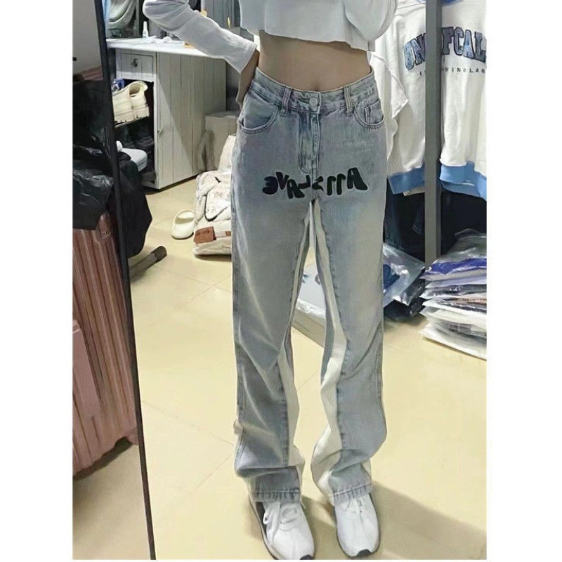 Cocory vn Quần Jeans Nữ Lưng Cao Thêu Chữ Thời Trang