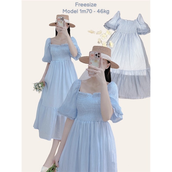 Đầm tay bồng cổ vuông nhúng thun ngực dáng maxi đuôi cá dài