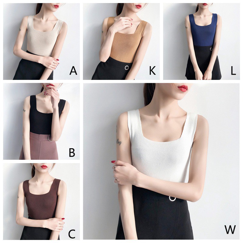 Áo sát nách dệt kim cổ chữ U không tay màu trơn dành cho nữ | BigBuy360 - bigbuy360.vn