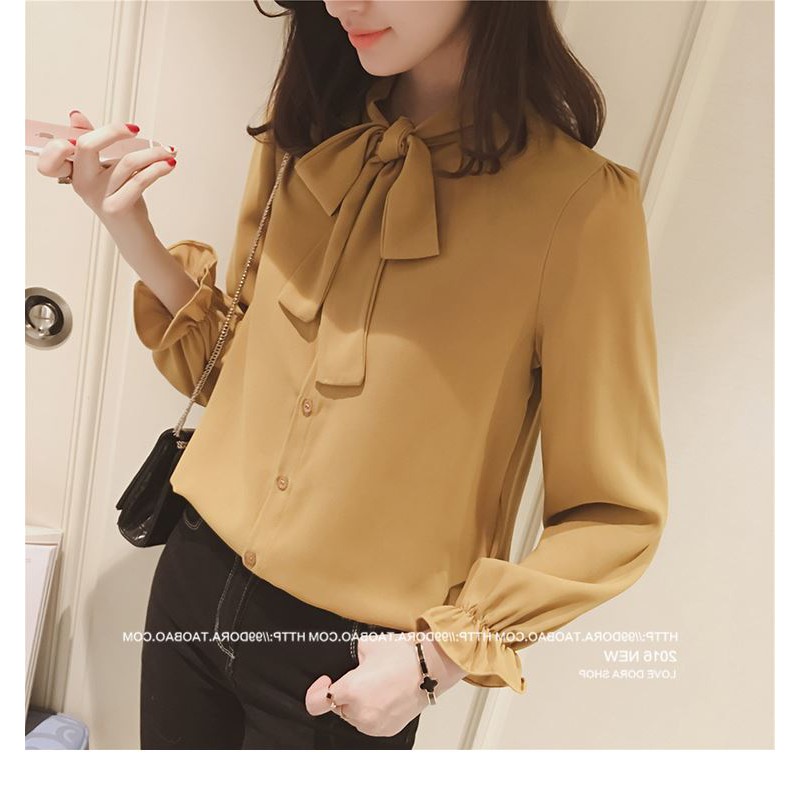 Áo Blouse nữ tay dài cổ thắt nơ phong cách Hàn Quốc