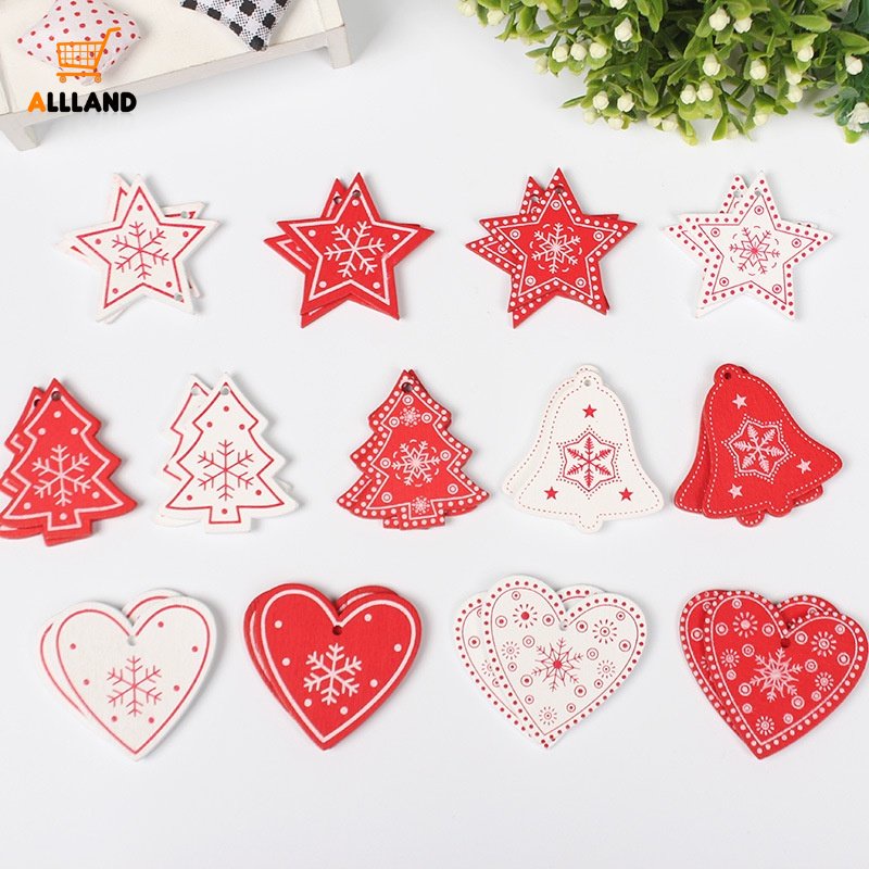 Set 12 Phụ Kiện Treo Trang Trí Cây Thông Noel Bằng Gỗ Hình Trái Tim / Bông Tuyết DIY