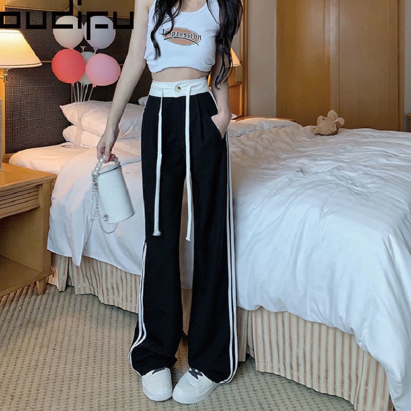 Quần Dài Lưng Cao Ống Rộng Màu Sắc Tương Phản Thời Trang Mùa Hè Cho Nữ